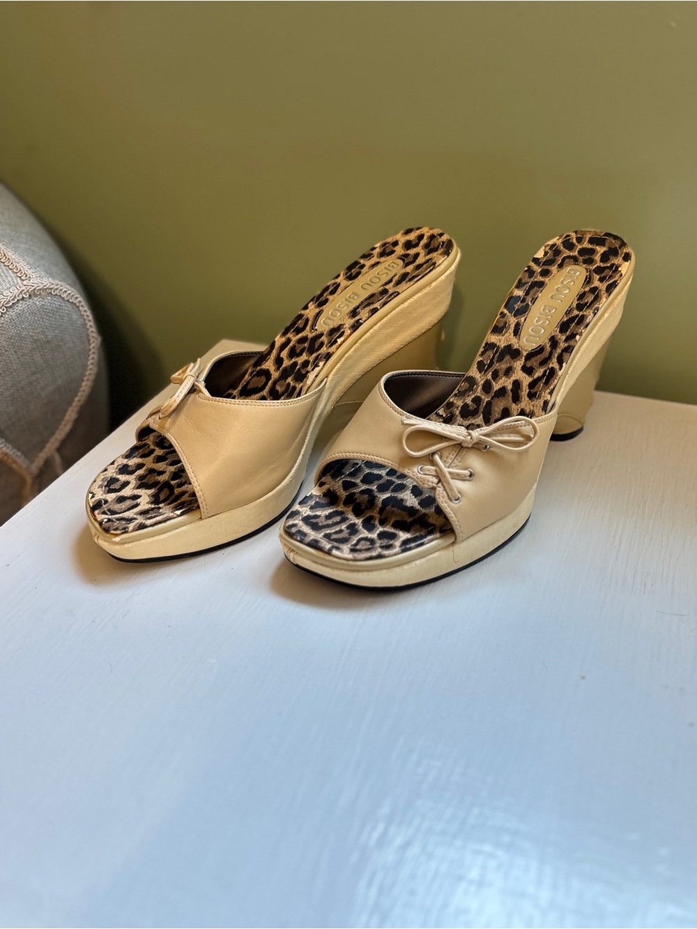 Bisou Bisou Cream Wedge Mules with Leopard Insole